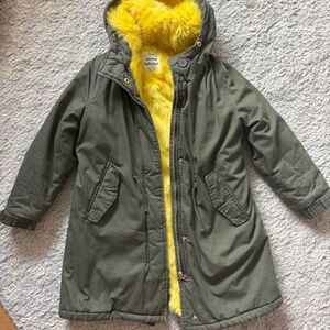 Zara Warm Fur Jacket Hood Coat Green Yellow Fur Adjustable Waist 9 years